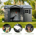 Lifetime side entry storage shed feature callouts: shatterproof windows, large skylights, and slider latch locking.