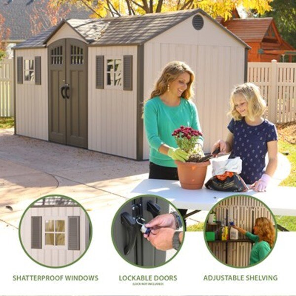 Lifetime 15x8 ft. storage shed feature callouts: shatterproof windows, lockable doors, and adjustable shelving.