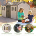 Lifetime 15x8 ft. storage shed feature callouts: shatterproof windows, lockable doors, and adjustable shelving.