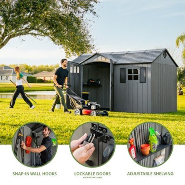 Lifetime side entry storage shed feature callouts: snap-in wall hooks, lockable doors, and adjustable shelving.