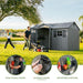 Lifetime side entry storage shed feature callouts: snap-in wall hooks, lockable doors, and adjustable shelving.