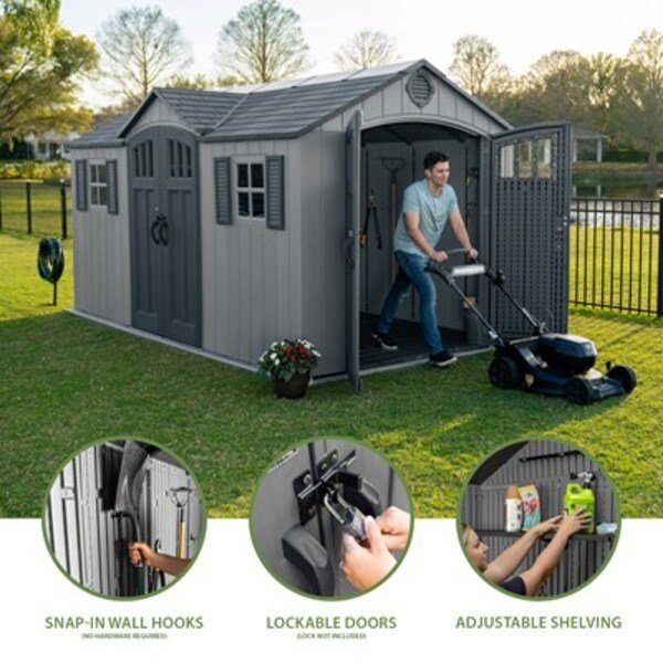 Lifetime dual entry storage shed feature callouts: snap-in wall hooks, lockable doors, and adjustable shelving.
