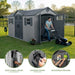 Lifetime dual entry storage shed feature callouts: snap-in wall hooks, lockable doors, and adjustable shelving.