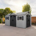 Lifetime dual entry storage shed feature callouts: snap-in wall hooks, lockable doors, and adjustable shelving.