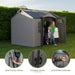 Lifetime side entry storage shed feature callouts: snap-in wall hooks, lockable doors, and adjustable shelving.