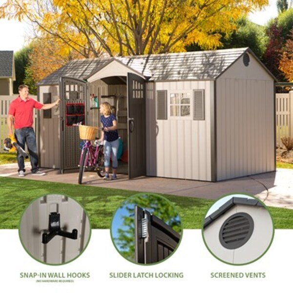 Lifetime 15x8 ft. storage shed feature callouts: snap-in wall hooks, slider latch locking, and screened vents.
