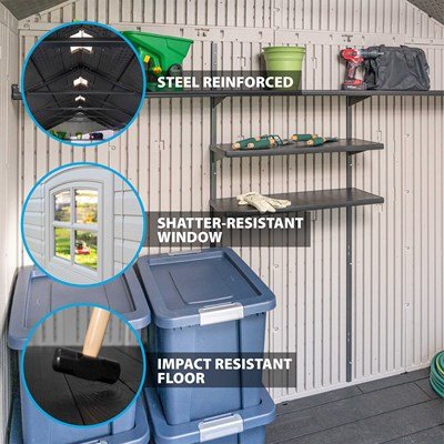Lifetime storage shed feature callouts: steel reinforced, shatter-resistant window, and impact resistant floor.