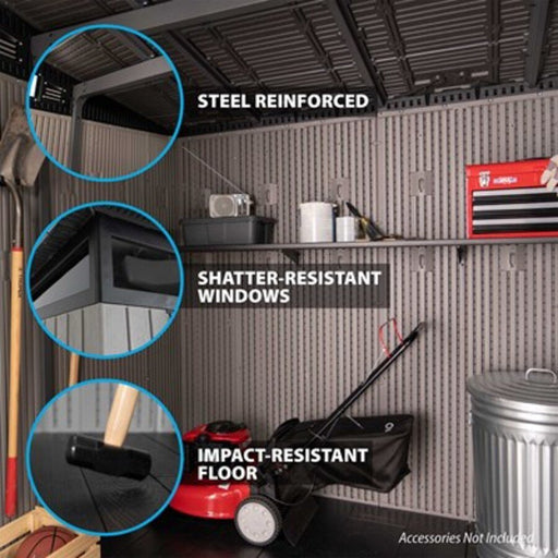 Lifetime Modern Shed feature callouts: steel reinforced, shatter-resistant windows, and impact-resistant floor.