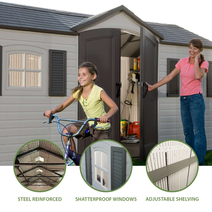 Lifetime storage shed feature callouts: steel reinforced, shatterproof windows, and adjustable shelving.