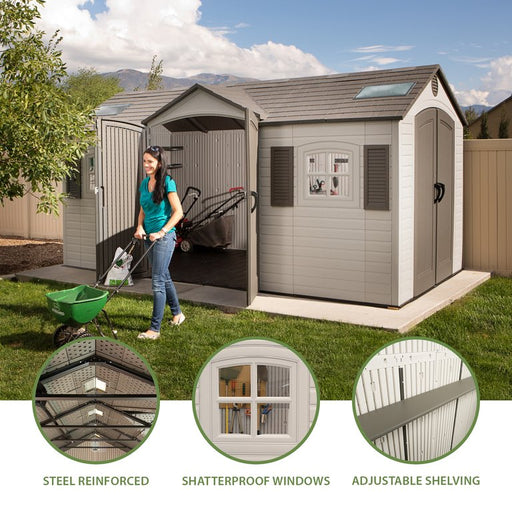 Lifetime storage shed feature callouts: steel reinforced, shatterproof windows, and adjustable shelving.