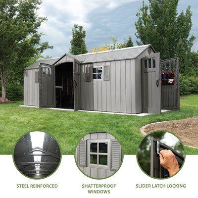 Lifetime 20x8 ft. storage shed feature callouts: steel reinforced, shatterproof windows, and slider latch locking.