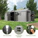 Lifetime 20x8 ft. storage shed feature callouts: steel reinforced, shatterproof windows, and slider latch locking.