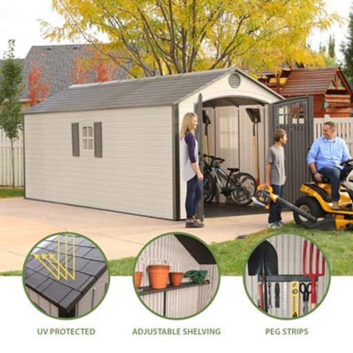Lifetime storage shed feature callouts: UV protected, adjustable shelving, and peg strips.