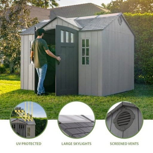 Lifetime side entry storage shed feature callouts: UV protected, large skylights, and screened vents.