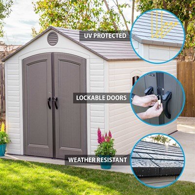 Lifetime 8x15 ft. storage shed feature callouts: UV protected, lockable doors, and weather resistant.