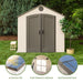 Lifetime 8x12.5 ft. storage shed feature callouts: UV protected, shatterproof window, and weather resistant.