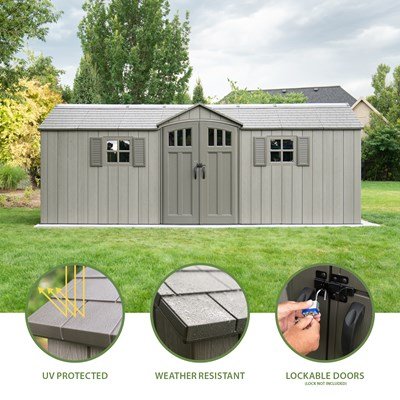 Lifetime 20x8 ft. storage shed feature callouts: UV protected, weather resistant, and lockable doors.