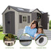 Lifetime storage shed feature callouts: UV protected, weather resistant, and screened vents.