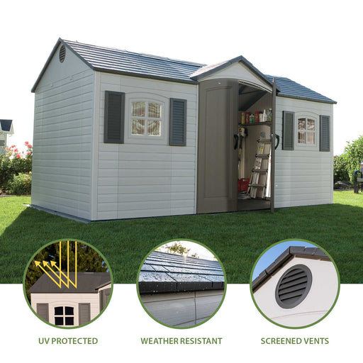Lifetime storage shed feature callouts: UV protected, weather resistant, and screened vents.