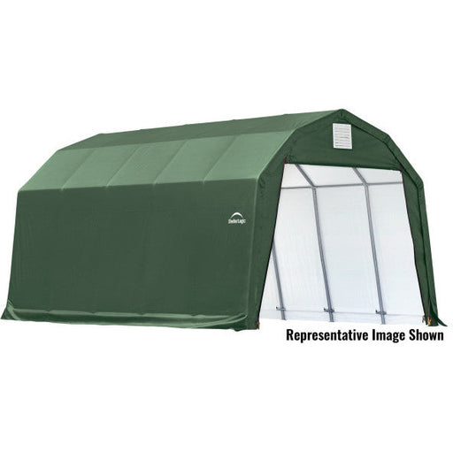 Shelterlogic Sheltercoat 12x20 with gambrel roof and green cover in a white background