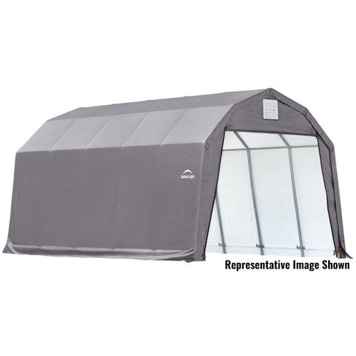 Gray ShelterLogic detached garage barn with a metal frame and fabric cover. This portable detached garage provides storage space for RV, lawnmowers, patio furniture, tools and more.