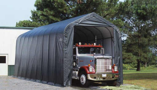 Large gray ShelterLogic Sheltercoat 16x44 garage with enough space for storing a semi-truck. This spacious shelter provides protection for oversized vehicles.