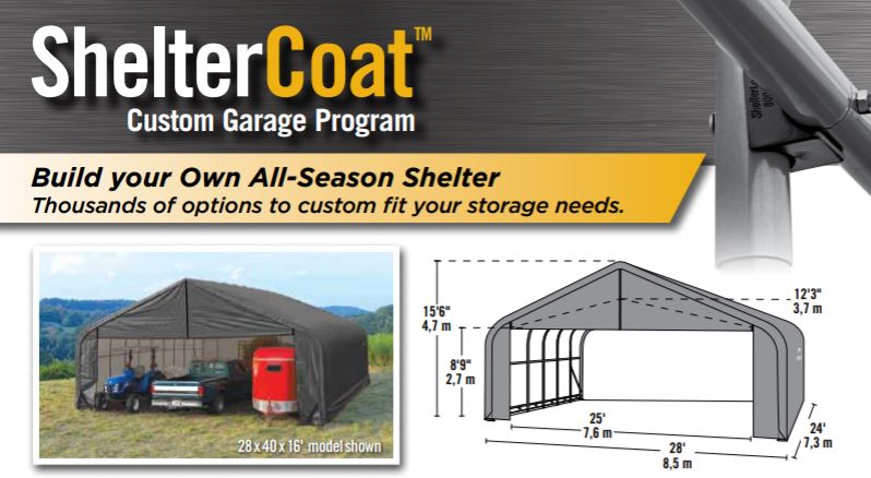 ShelterLogic Peak Style All-Season Garage with gray, UV-protected fabric cover and a galvanized steel frame. Ideal for sheltering cars, trucks, or outdoor equipment