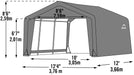 Dimensioned line drawing of a ShelterLogic peak style shed with measurements in feet and meters