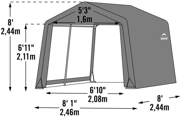 A sketch of the dimensions of ShelterLogic Shed-in-a-Box 8 x 8 x 8 ft. Gray