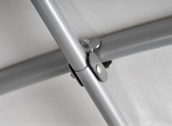 Close-up of a gray ShelterLogic Shed-in-a-Box metal pipe. This metal pipe is part of the frame of a portable outdoor storage shed.