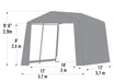 Diagram showing the dimensions of a ShelterLogic tent. The tent has a peak roof with a center height of 9 ft 6 in (2.9 m) and a base length of 12 ft (3.7 m). The side walls are 8 ft (2.4 m) tall.