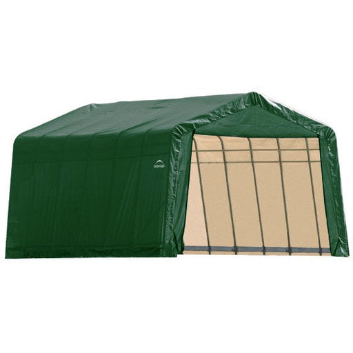 ShelterLogic Peak Style Garage on a white background. Green tarp with metal frame.