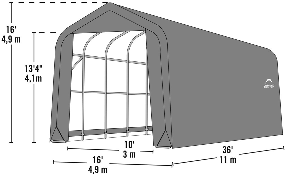 Technical drawing of the ShelterLogic ShelterCoat Garage (16 ft. wide x 36 ft. long x 10 ft. tall) with peak roof, showcasing dimensions and specifications.
