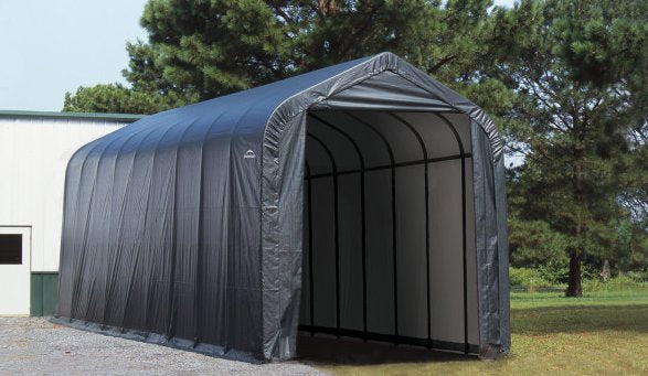Empty ShelterLogic ShelterCoat 16 x 44 ft. garage with gray peak roof, ready for vehicle or equipment storage