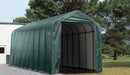 Empty ShelterLogic ShelterCoat 16 x 44 ft. garage with green peak roof, ready for vehicle or equipment storage