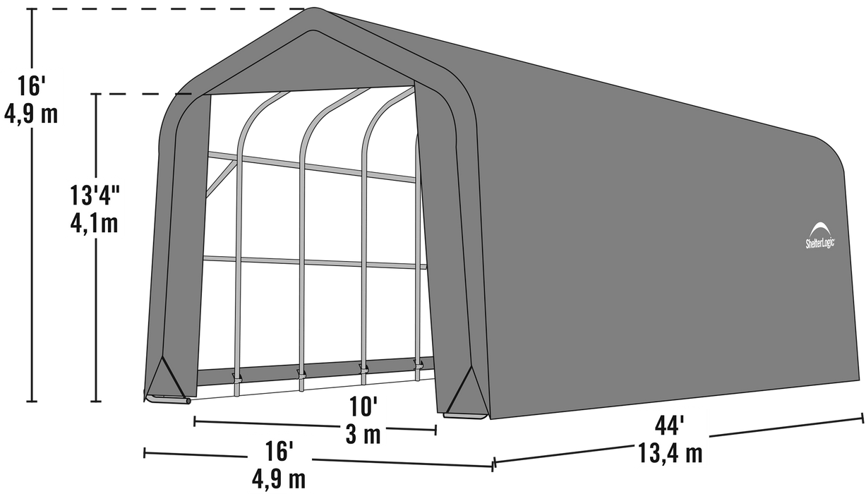 Technical drawing of the ShelterLogic ShelterCoat Garage (16 ft. wide x 44 ft. long x 10 ft. tall) with peak roof, showcasing dimensions and specifications.