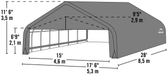 ShelterLogic ShelterCoat 18 x 28 ft. Garage Peak diagram with dimensions: 18 ft. wide, 28 ft. long, 9 ft. tall