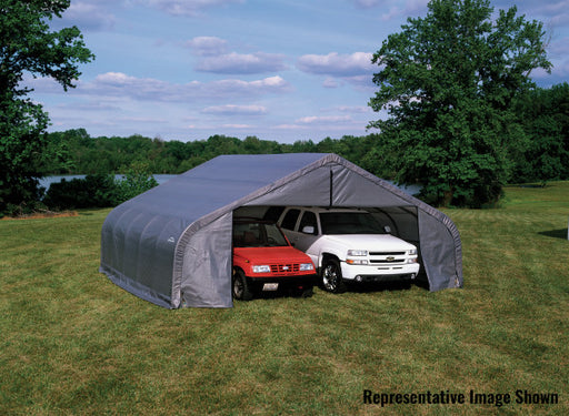 Gray ShelterLogic portable garage with peak roof provides shelter for two cars