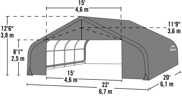 Black and white drawing showcasing the dimensions of a ShelterLogic peak style garage. The garage measures 15 feet wide by 22 feet long with a center height of 13 feet. Text labels indicate additional dimensions in feet and meters.