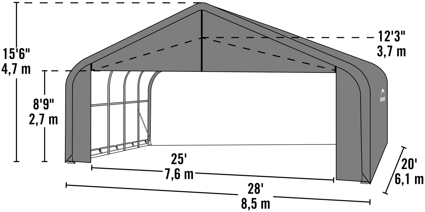 ShelterLogic ShelterCoat peak garage dimensions drawing, 28ft x 20ft x 8ft9in (8.5m x 6.1m x 2.7m)