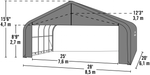 ShelterLogic ShelterCoat peak garage dimensions drawing, 28ft x 20ft x 8ft9in (8.5m x 6.1m x 2.7m)