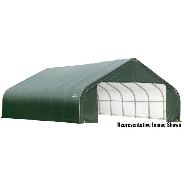 ShelterLogic ShelterCoat 28 x 20 ft. Peak Green Steel Frame Garage on a white background