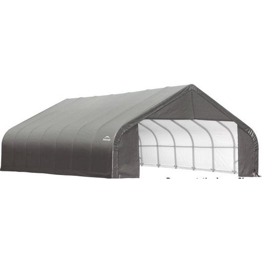 Spacious ShelterLogic ShelterCoat 28 ft. wide x 28 ft. long Peak Style Garage with a galvanized steel frame and white UV-protected fabric cover. Ideal for sheltering multiple vehicles, boats, or other equipment.