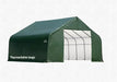 Green ShelterLogic ShelterCoat Peak Style Garage. This spacious portable garage provides weatherproof protection for vehicles, equipment, or other outdoor storage needs.