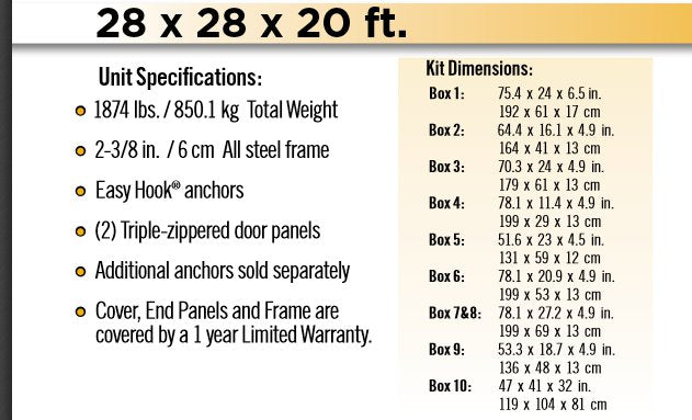 ShelterLogic ShelterCoat Garage specifications and dimensions. Includes width, length, peak height, and other technical details for easy reference.
