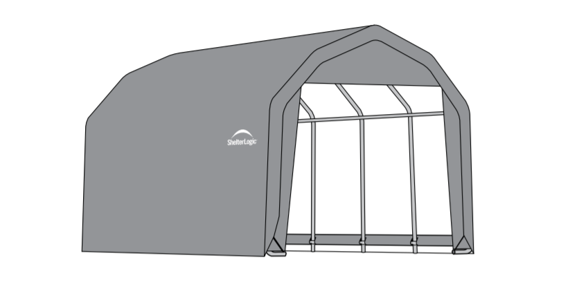 Gray line drawing of a ShelterLogic detached garage. This simple garage design features a gambrel roof 