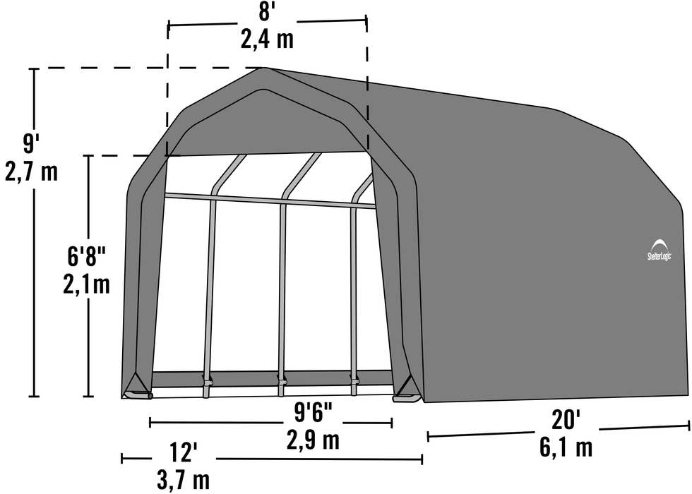 Technical drawing of a ShelterLogic peak tent with dimensions labeled in feet and inches. The base length is 12 ft (3.7 m), base width is 8 ft (2.4 m), center height is 9 ft 6 in (2.9 m), and sidewall height is 8 ft (2.4 m)