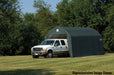 Green ShelterLogic Sheltercoat with gambrel roof, providing shade for a parked RV. This portable carport protects vehicles from sun, rain, hail, and other weather elements.