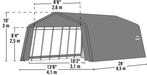 ShelterLogic ShelterCoat Peak Style Shelter dimensions diagram - 13ft wide, 28 ft long, 10 ft high.