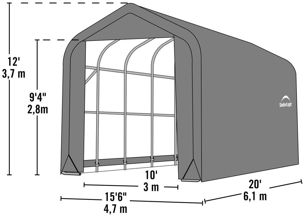 Black and white technical drawing of a ShelterLogic Sheltercoat 15x20 peak style garage with dimensions labeled. The garage is 15 feet wide, 20 feet long, and 10 feet tall. It is colored gray in the drawing.